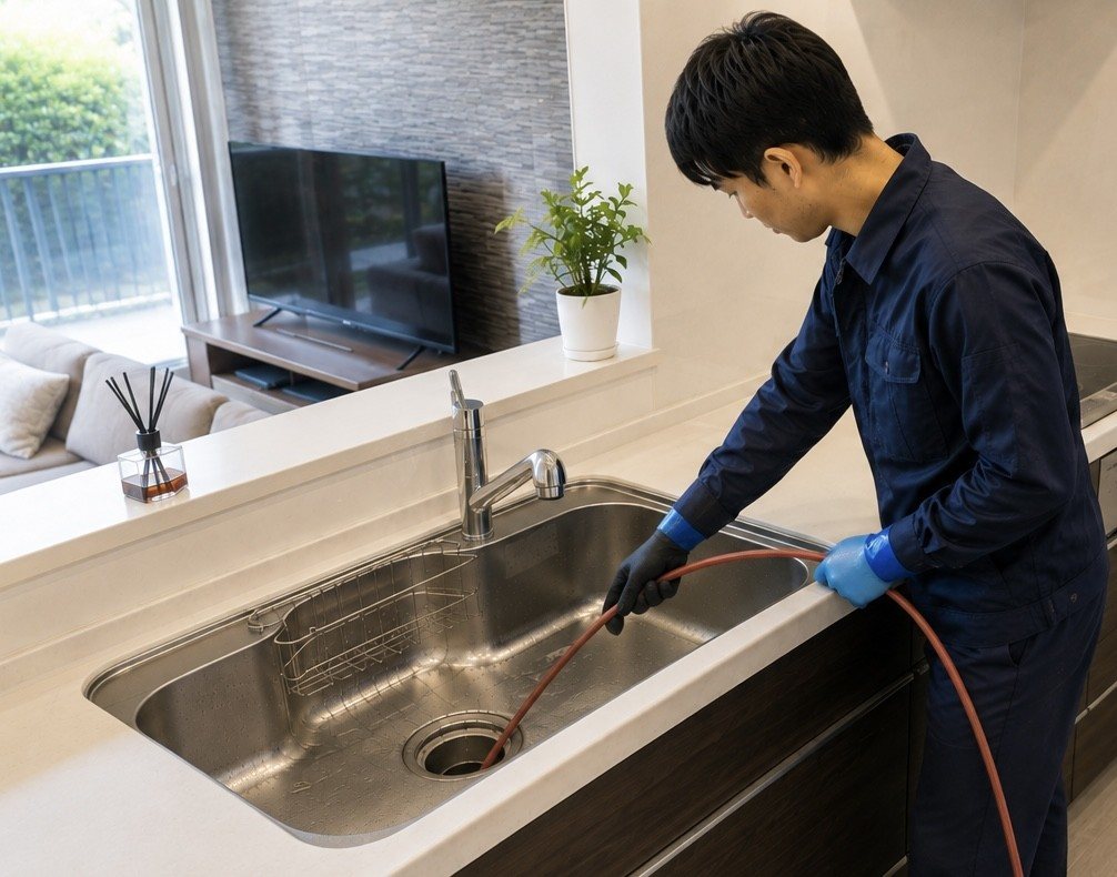 室内の排水管を洗浄している作業風景