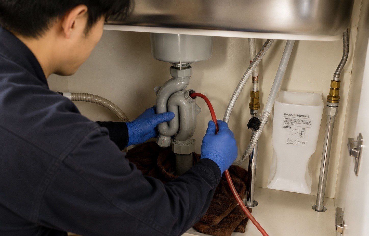 キッチンのシンク下から排水管を洗浄している作業スタッフ