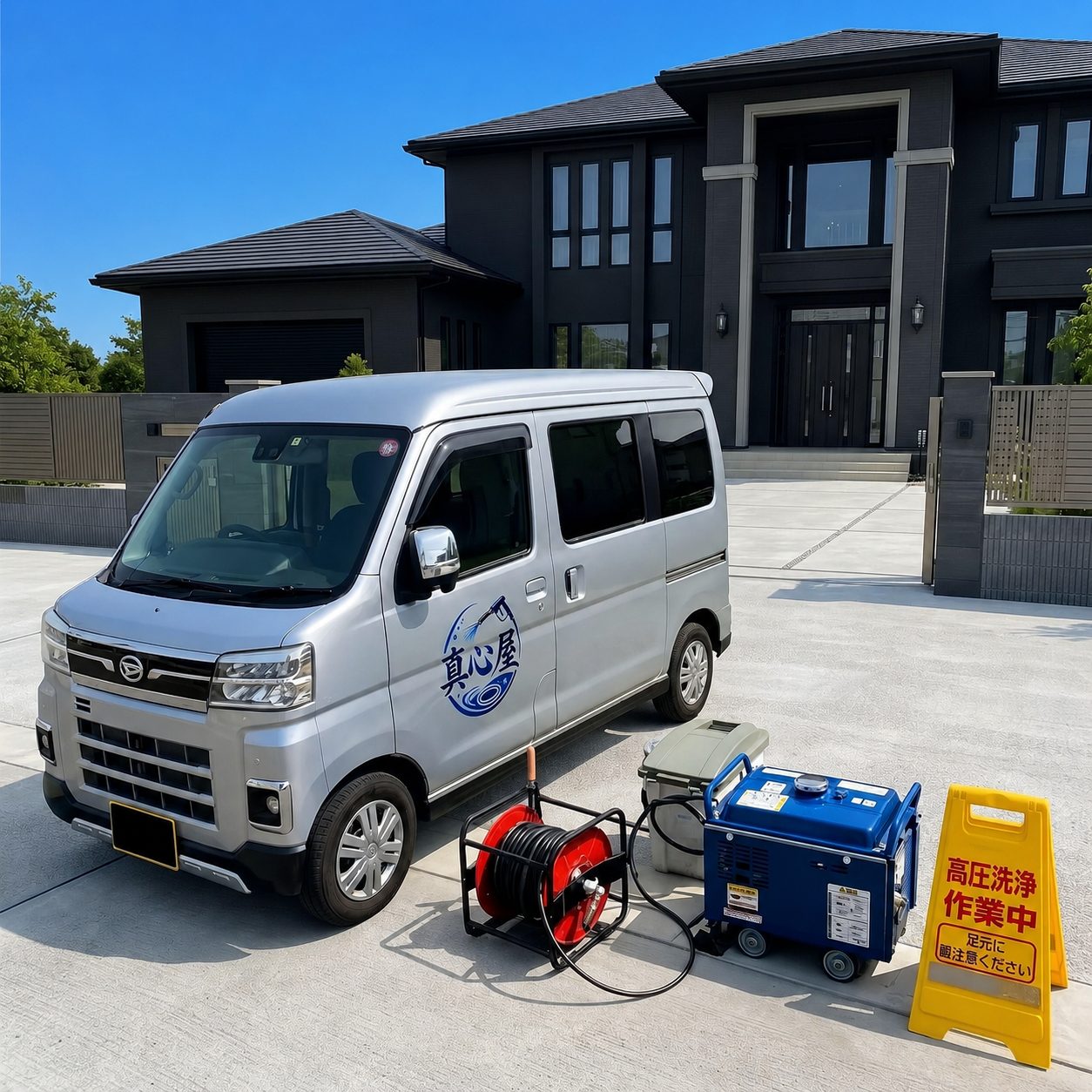 高圧洗浄機やホースを積んだ作業車両