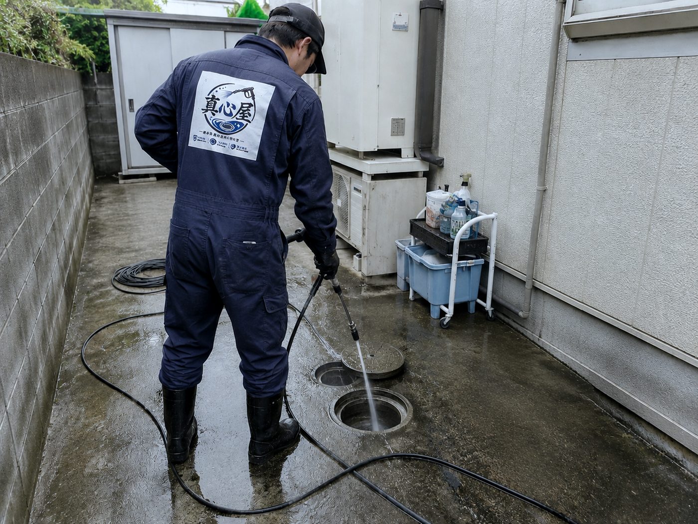 排水管を高圧洗浄している現場