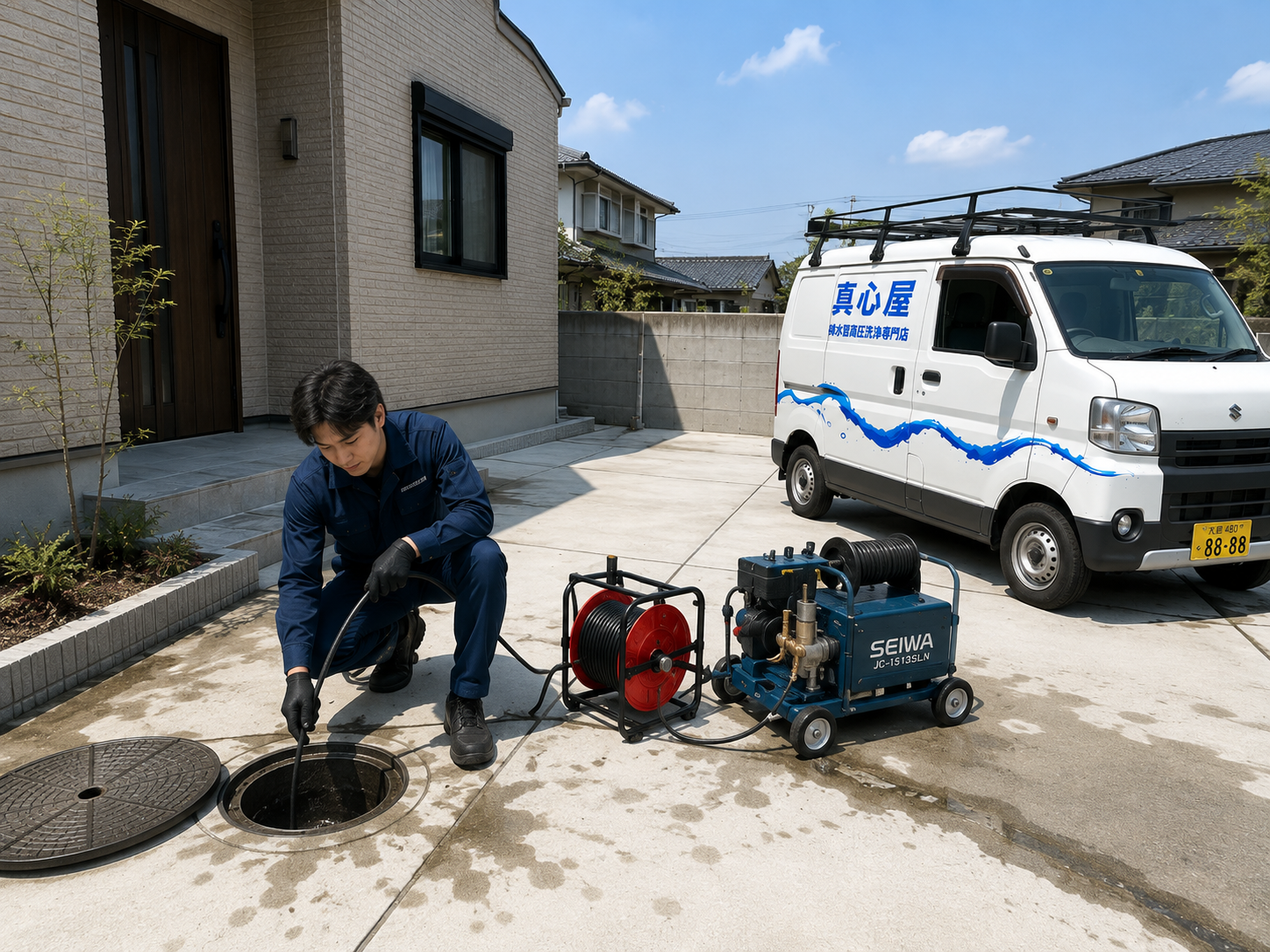 戸建て住宅の屋外排水桝を一つずつ確認する作業スタッフ