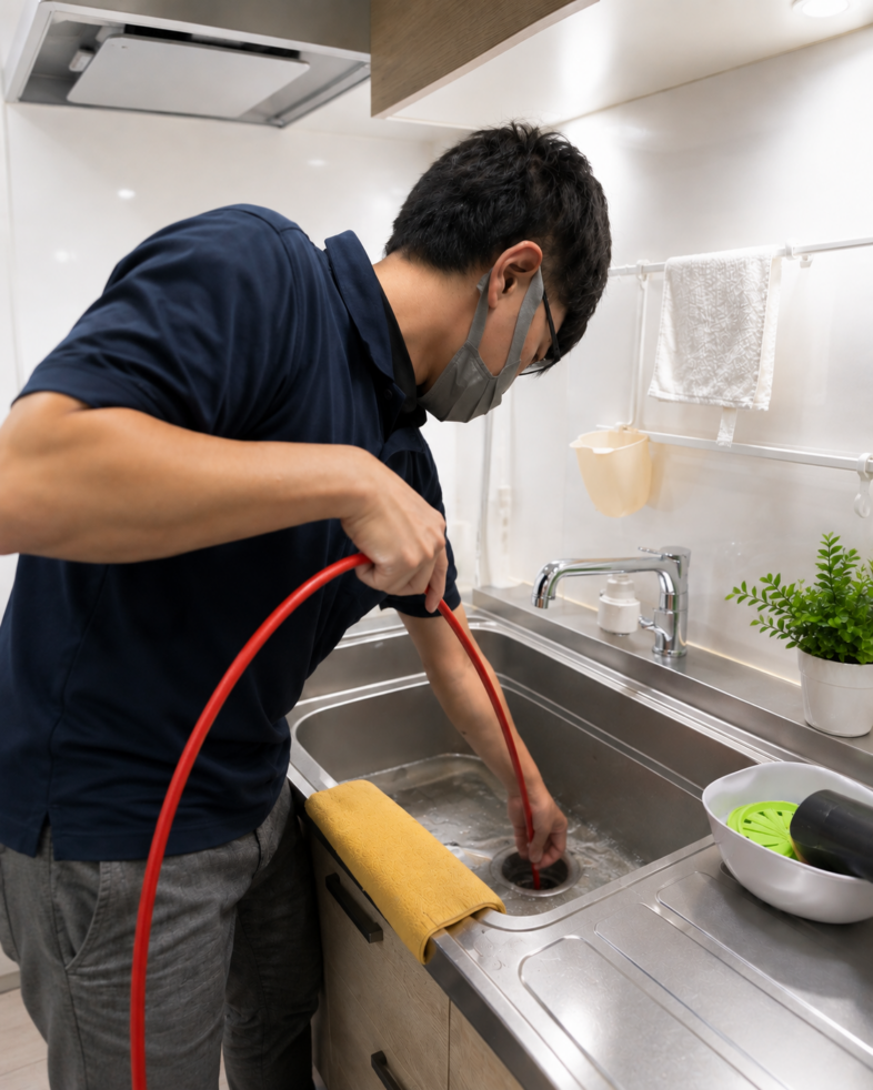 キッチンの排水口を確認している作業スタッフの手元