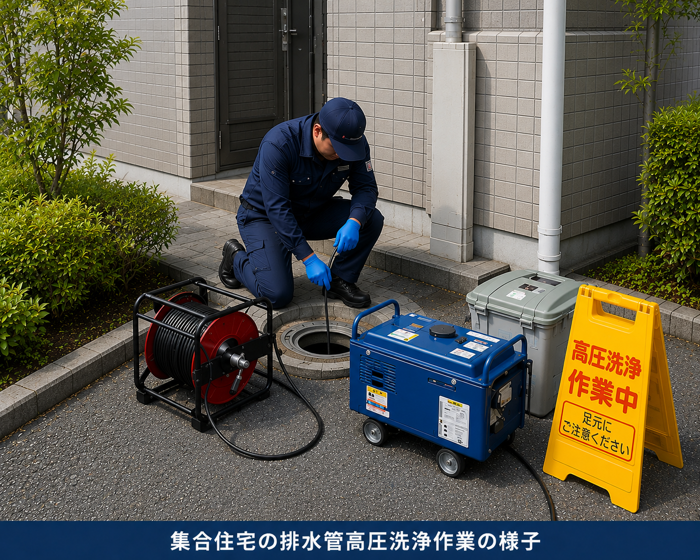 集合住宅の排水管洗浄に使用する高圧洗浄機とホース