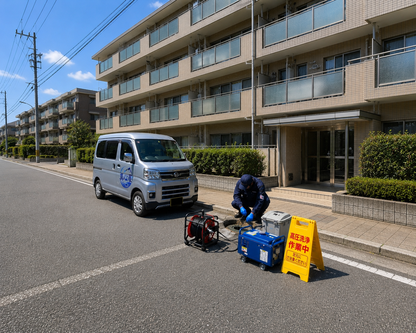 集合住宅の室内で排水管カメラを使い管内を確認する作業スタッフ